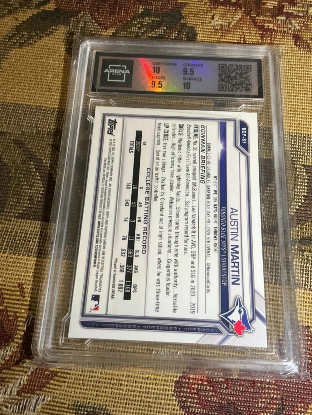 2021 Bowman Chrome Pros. Austin Martin BCP-87 Atomic Refractor Graded Arena 10
